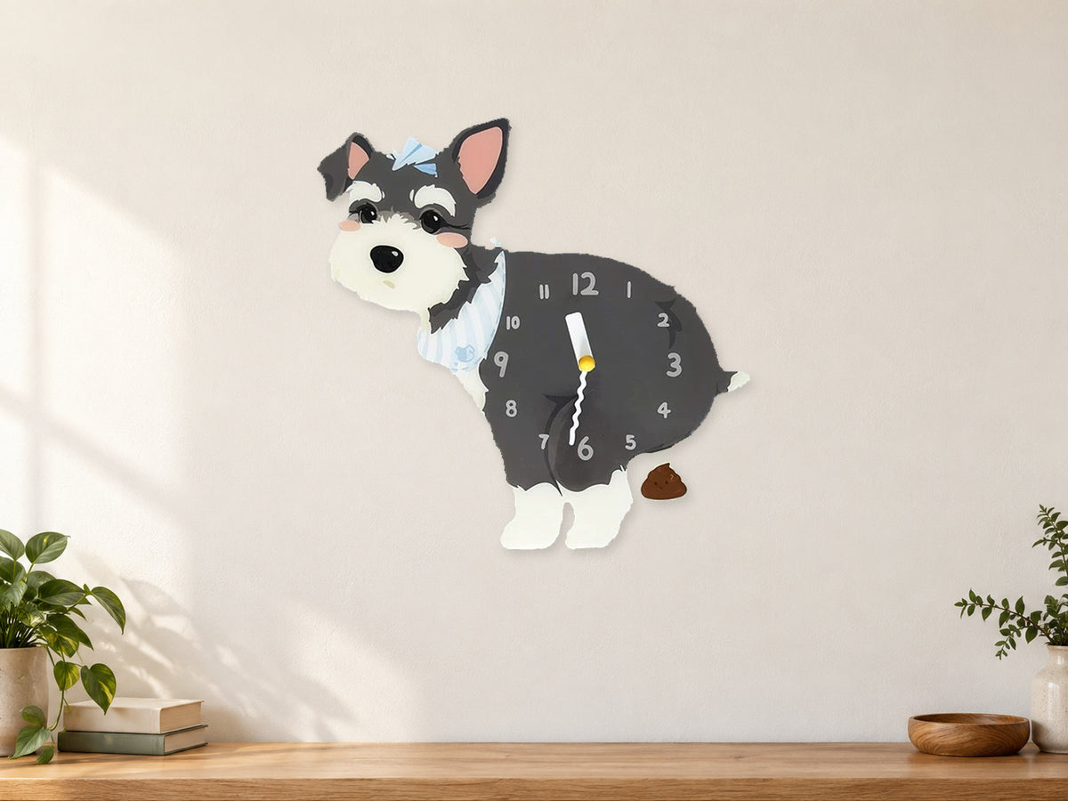 Dark Schnauzer Wall Clock with Swinging Poop Pendulum in a supplementary room styling scene
