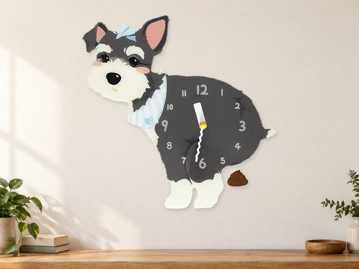 Dark Schnauzer Wall Clock with Swinging Poop Pendulum in a supplementary room styling scene