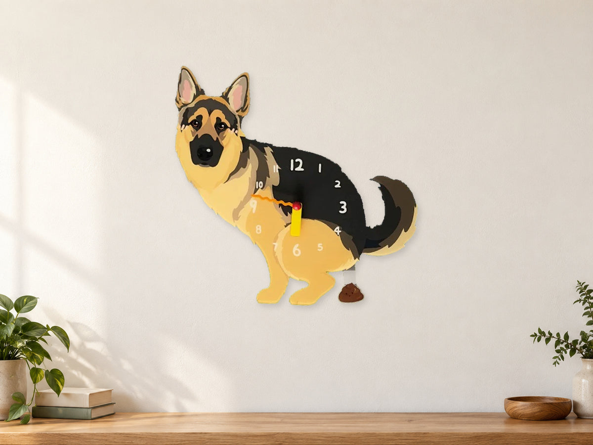 German Shepherd Wall Clock with Swinging Poop Pendulum in a supplementary room styling scene