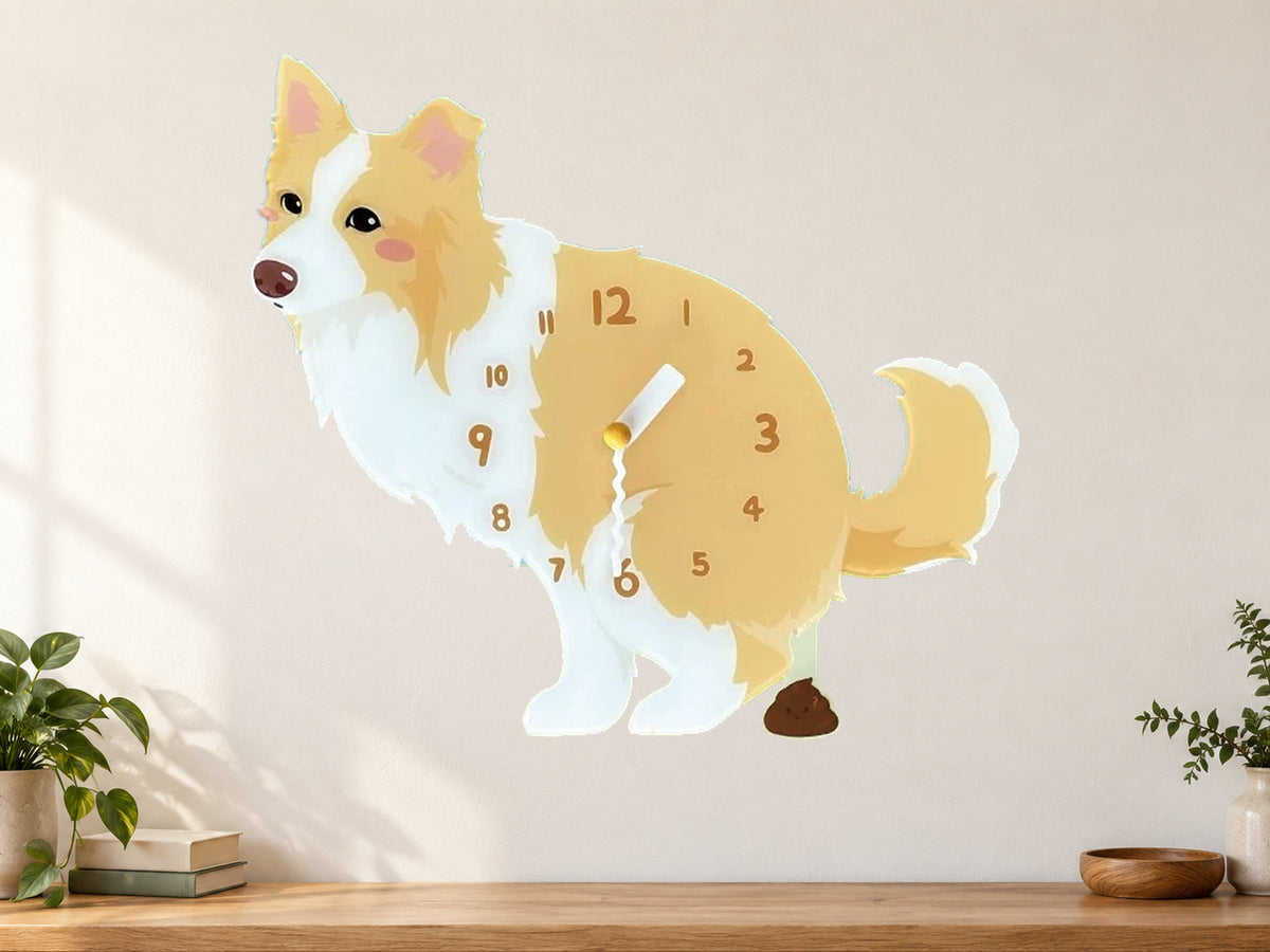 Golden Border Collie Wall Clock with Swinging Poop Pendulum in a supplementary room styling scene