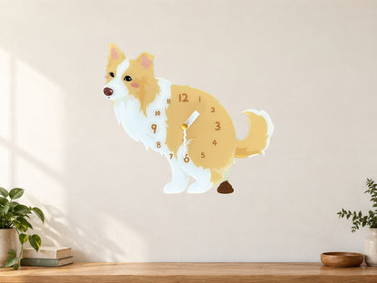Golden Border Collie Wall Clock with Swinging Poop Pendulum in a supplementary room styling scene