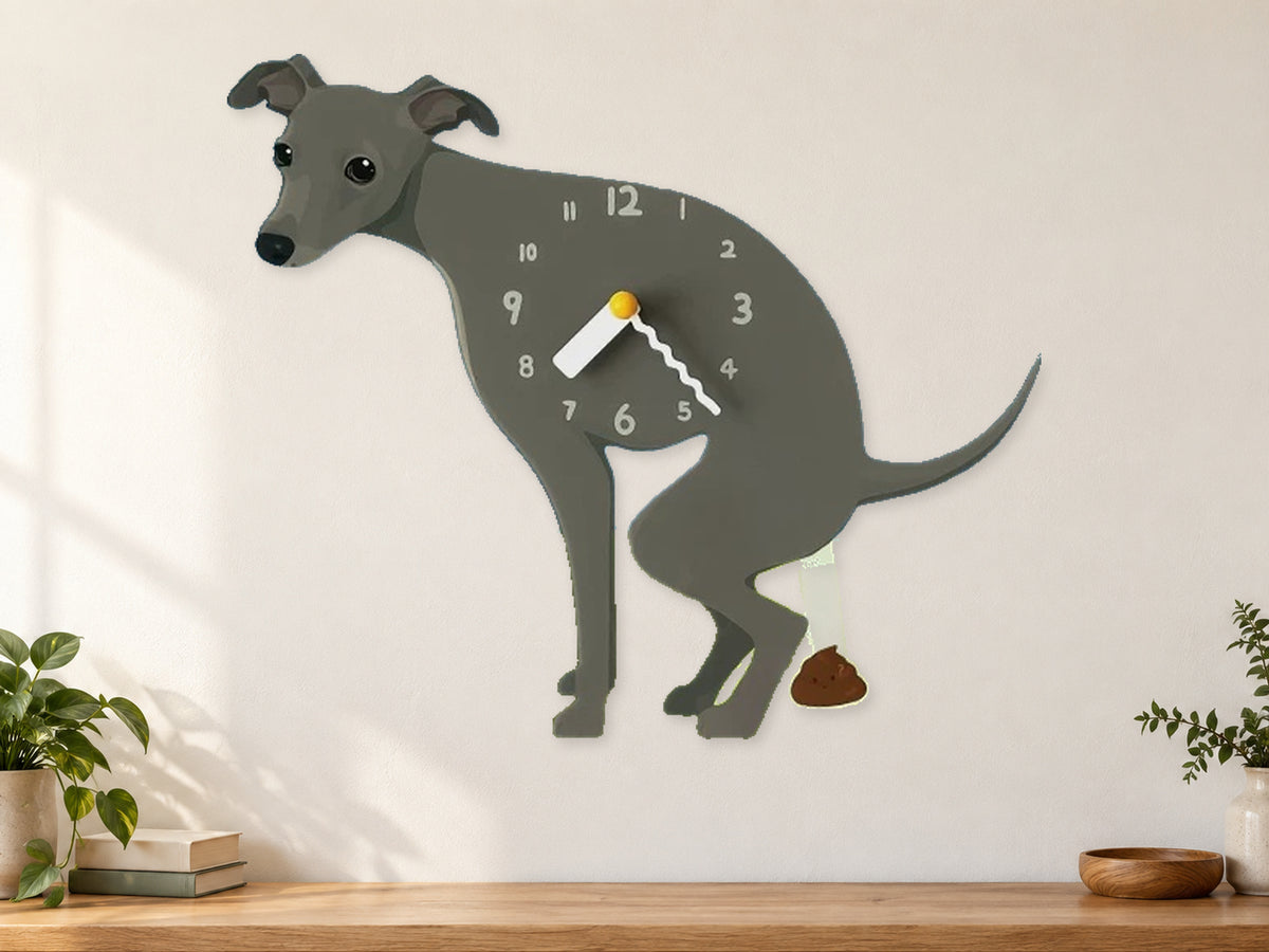 Gray Greyhound Wall Clock with Swinging Poop Pendulum in a supplementary room styling scene