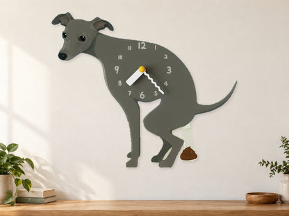 Gray Greyhound Wall Clock with Swinging Poop Pendulum in a supplementary room styling scene
