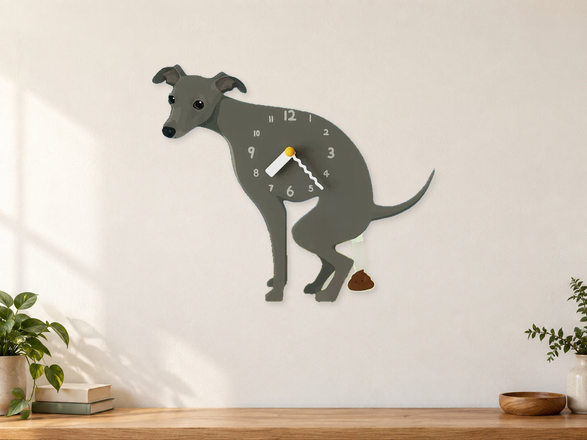 Gray Greyhound Wall Clock with Swinging Poop Pendulum in a supplementary room styling scene