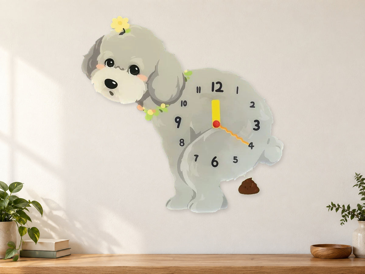 Gray Teddy Poodle Wall Clock with Swinging Poop Pendulum in a supplementary room styling scene