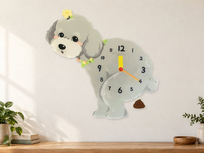 Gray Teddy Poodle Wall Clock with Swinging Poop Pendulum in a supplementary room styling scene