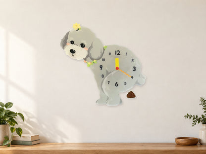 Gray Teddy Poodle Wall Clock with Swinging Poop Pendulum in a supplementary room styling scene
