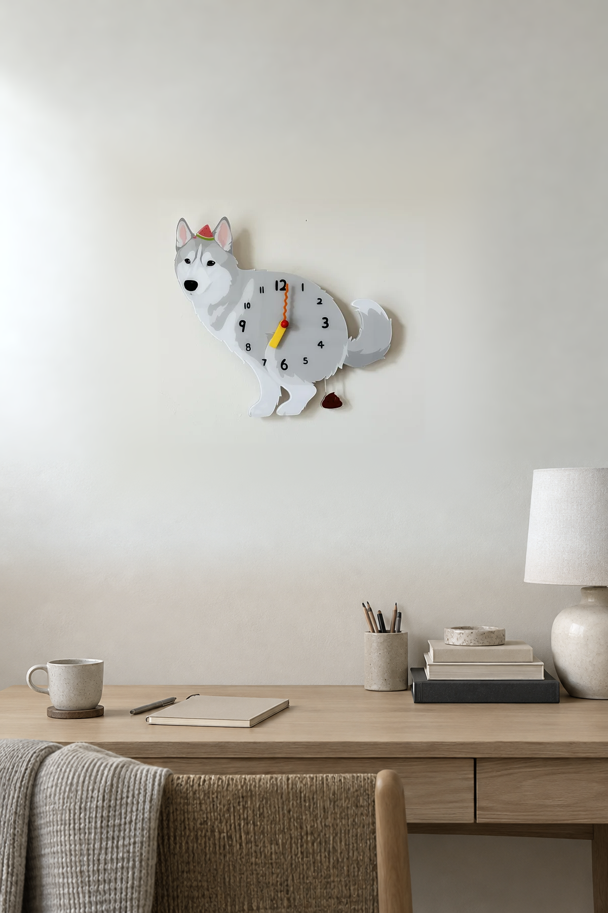 Gray Husky Wall Clock with Swinging Poop Pendulum in a supplementary room styling scene