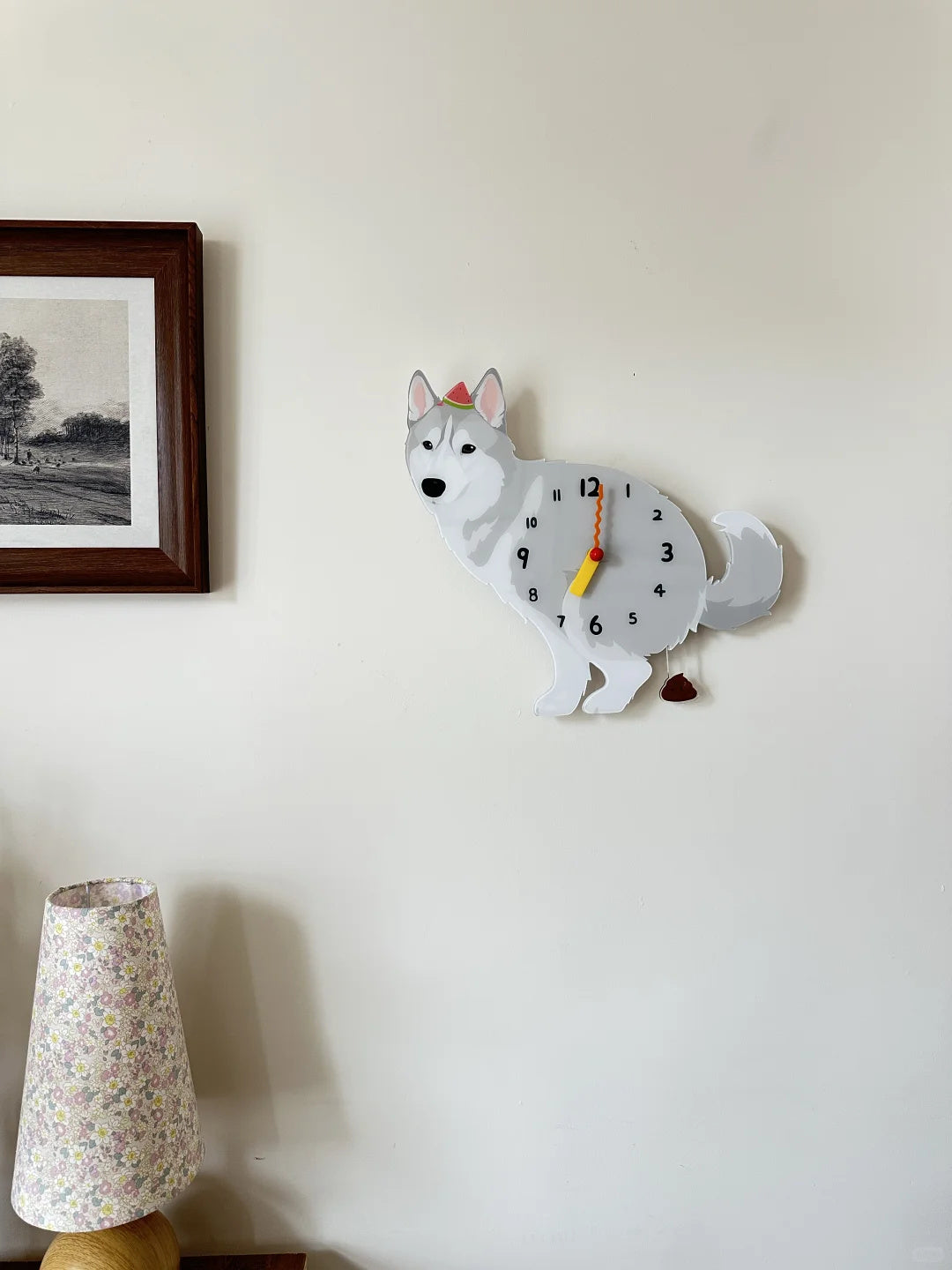 Gray Husky Wall Clock with Swinging Poop Pendulum additional product view