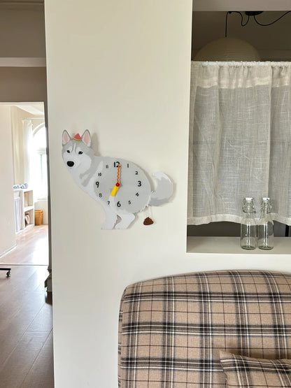 Gray Husky Wall Clock with Swinging Poop Pendulum additional product view
