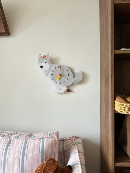 Gray Husky Wall Clock with Swinging Poop Pendulum additional product view