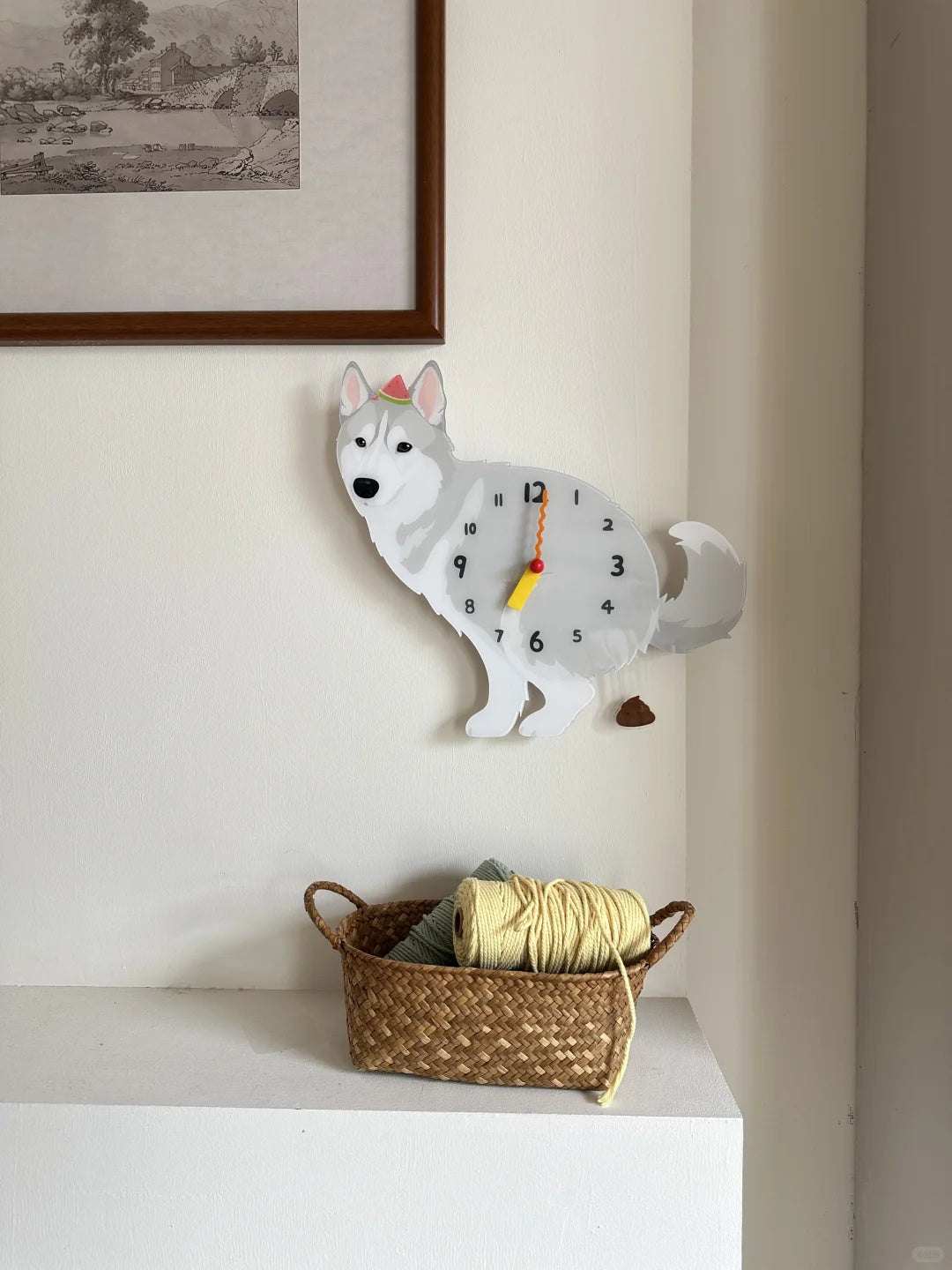 Gray Husky Wall Clock with Swinging Poop Pendulum additional product view