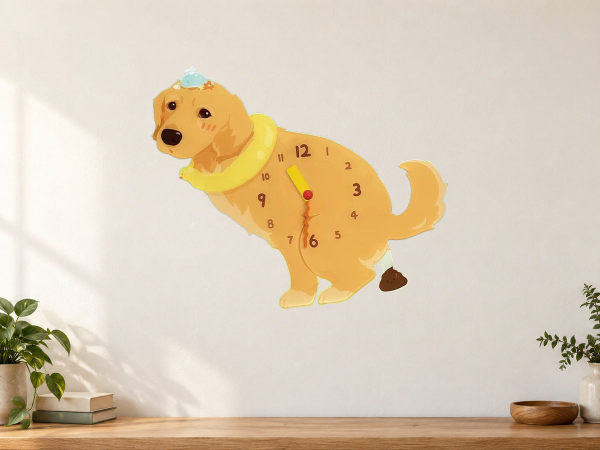 Light Golden Retriever Wall Clock with Swinging Poop Pendulum in a supplementary room styling scene