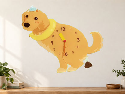 Light Golden Retriever Wall Clock with Swinging Poop Pendulum in a supplementary room styling scene