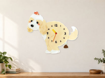 Light Cockapoo Wall Clock with Swinging Poop Pendulum in a supplementary room styling scene