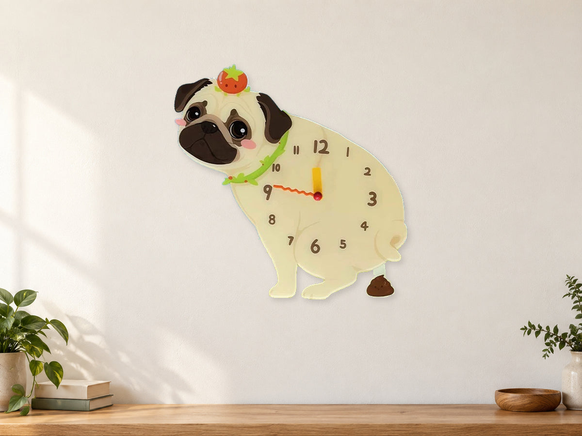 Pug Wall Clock with Swinging Poop Pendulum in a supplementary room styling scene