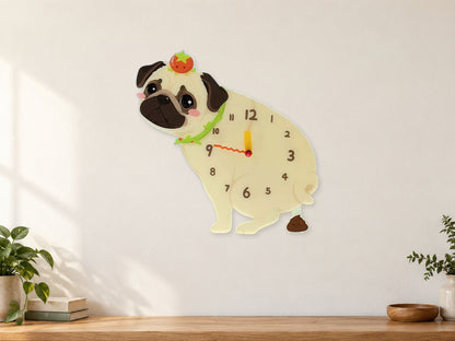 Pug Wall Clock with Swinging Poop Pendulum in a supplementary room styling scene