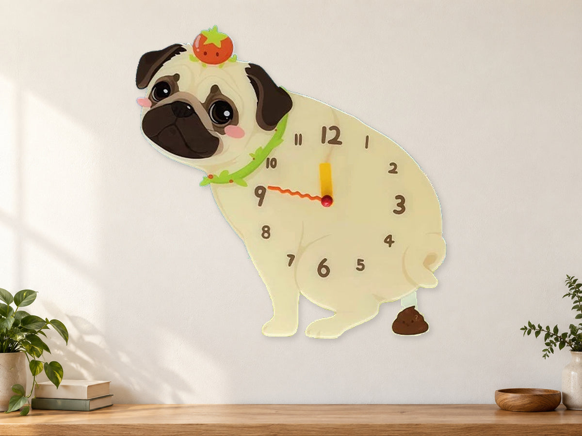 Pug Wall Clock with Swinging Poop Pendulum in a supplementary room styling scene