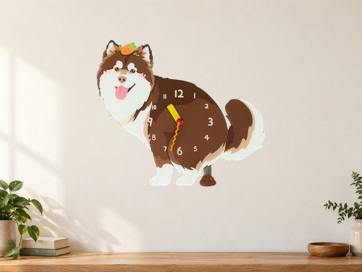 Red Cross Alaskan Malamute Wall Clock with Swinging Poop Pendulum in a supplementary room styling scene