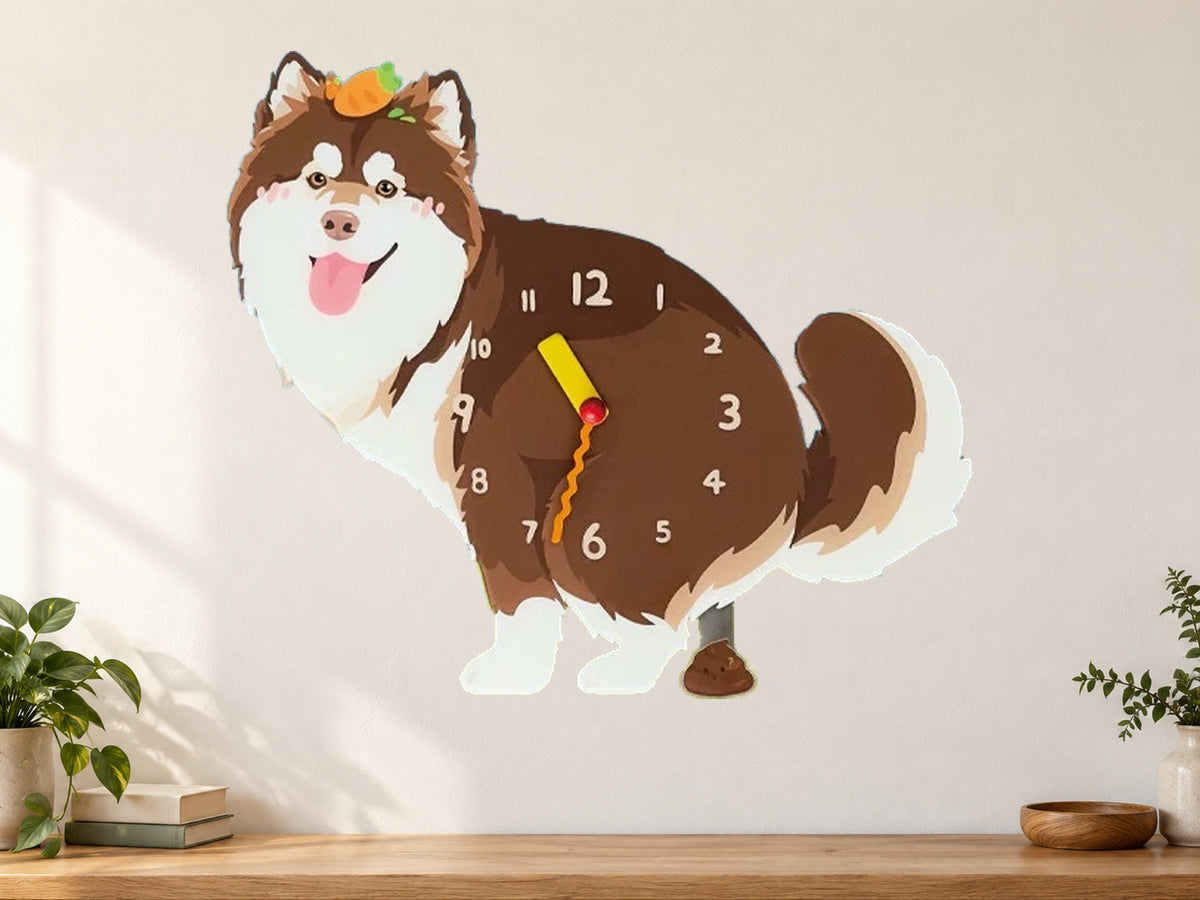 Red Cross Alaskan Malamute Wall Clock with Swinging Poop Pendulum in a supplementary room styling scene