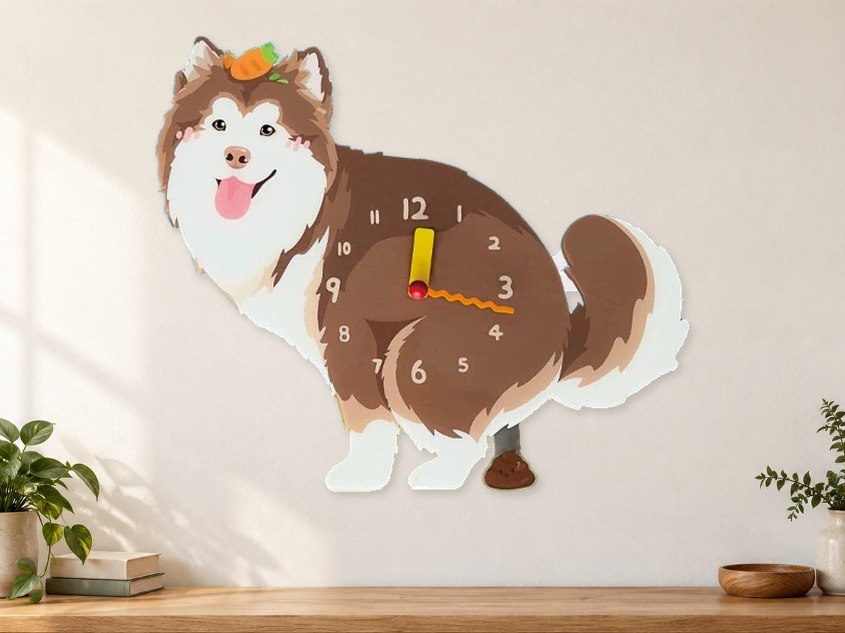 Red Peach Alaskan Malamute Wall Clock with Swinging Poop Pendulum in a supplementary room styling scene