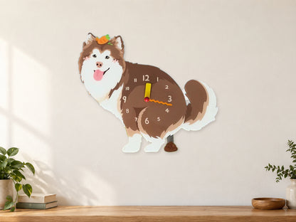 Red Peach Alaskan Malamute Wall Clock with Swinging Poop Pendulum in a supplementary room styling scene