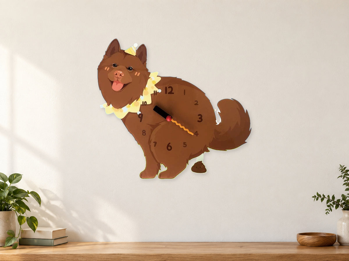 Red Native Spitz Wall Clock with Swinging Poop Pendulum in a supplementary room styling scene