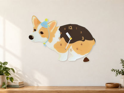 Tricolor Corgi Wall Clock with Swinging Poop Pendulum in a supplementary room styling scene