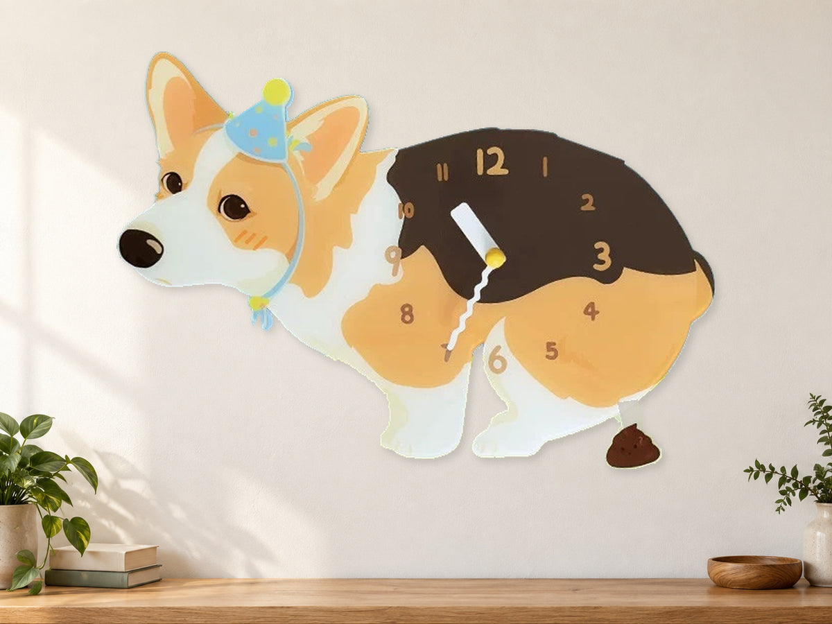 Tricolor Corgi Wall Clock with Swinging Poop Pendulum in a supplementary room styling scene