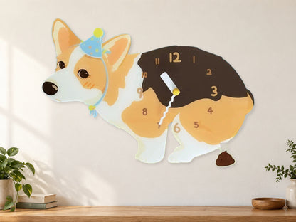 Tricolor Corgi Wall Clock with Swinging Poop Pendulum in a supplementary room styling scene