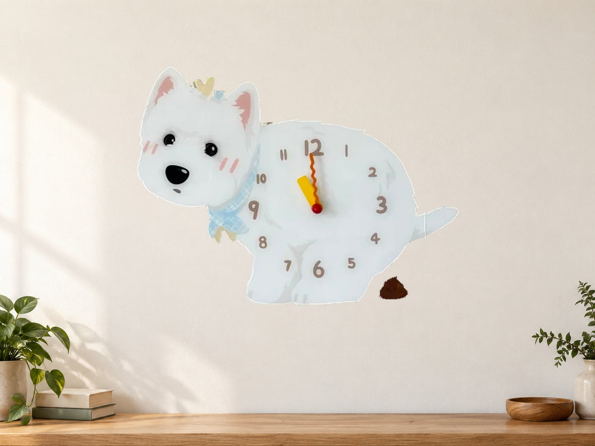 West Highland White Terrier Wall Clock with Swinging Poop Pendulum in a supplementary room styling scene