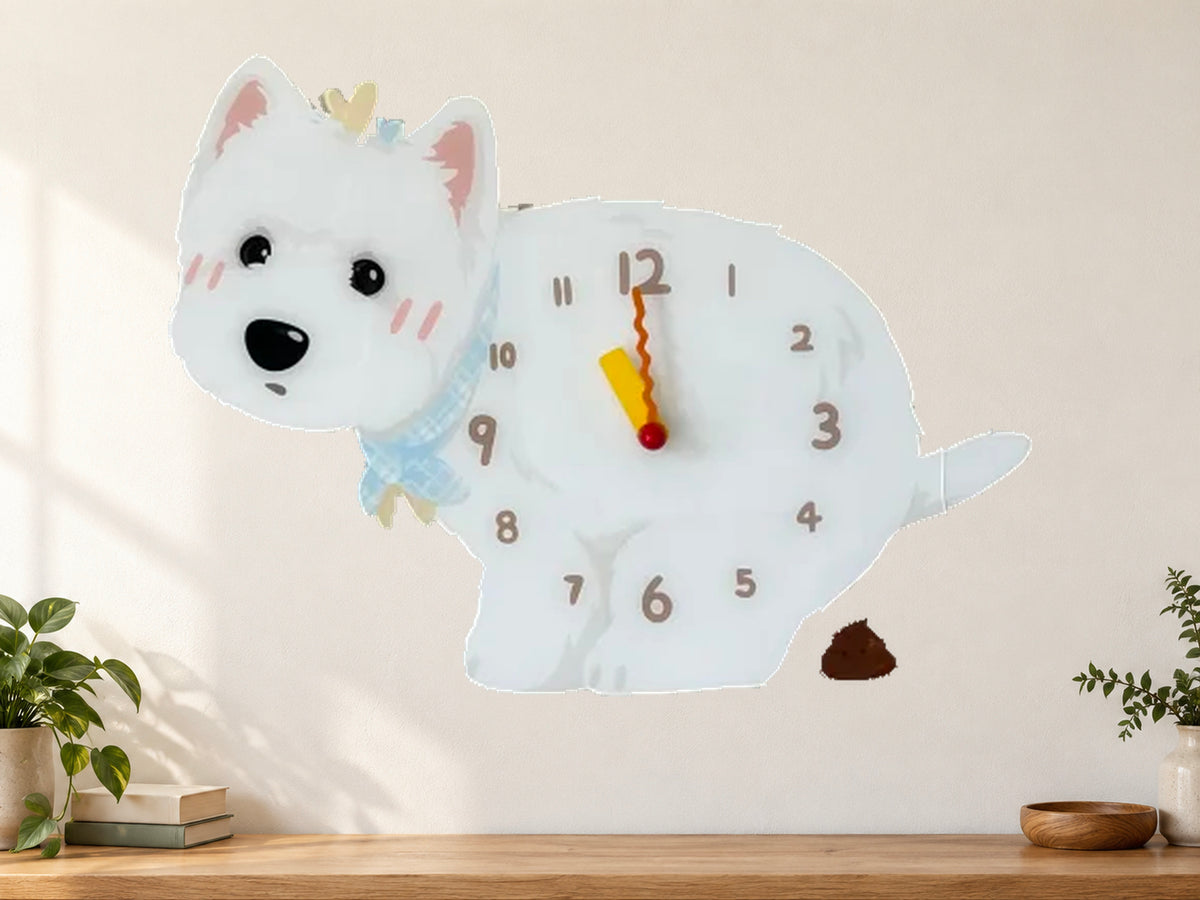 West Highland White Terrier Wall Clock with Swinging Poop Pendulum in a supplementary room styling scene