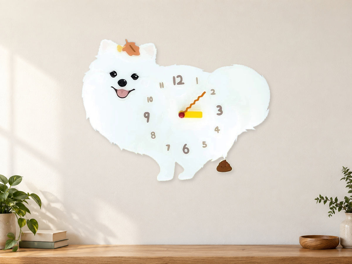 White Pomeranian Wall Clock with Swinging Poop Pendulum in a supplementary room styling scene