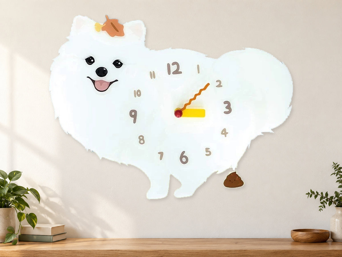 White Pomeranian Wall Clock with Swinging Poop Pendulum in a supplementary room styling scene