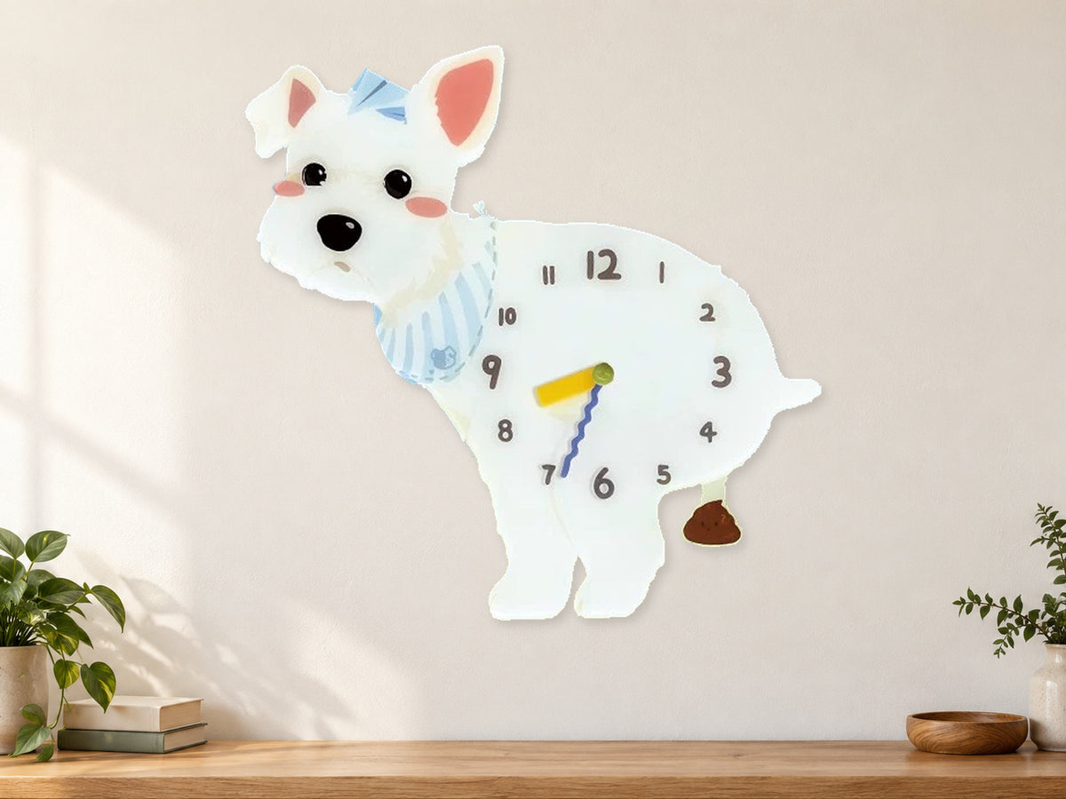 White Schnauzer Wall Clock with Swinging Poop Pendulum in a supplementary room styling scene