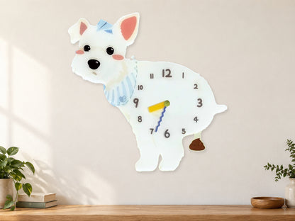 White Schnauzer Wall Clock with Swinging Poop Pendulum in a supplementary room styling scene