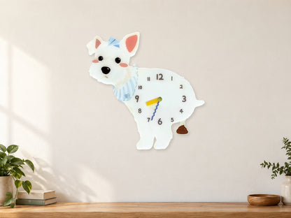 White Schnauzer Wall Clock with Swinging Poop Pendulum in a supplementary room styling scene