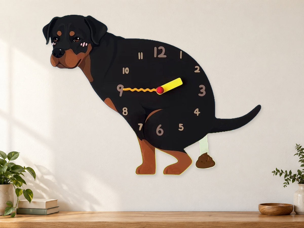 Rottweiler Wall Clock with Swinging Poop Pendulum in a supplementary room styling scene