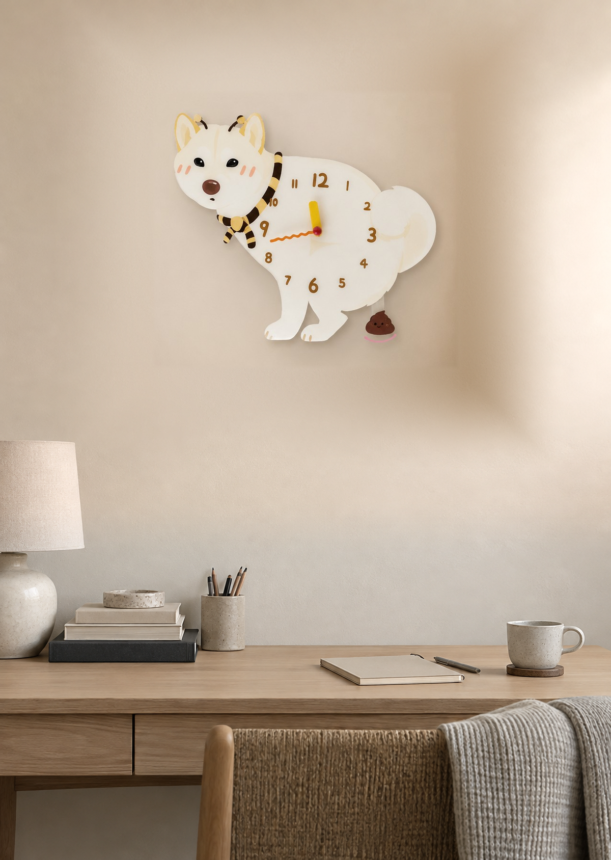 White Shiba Inu Wall Clock with Swinging Poop Pendulum in a supplementary room styling scene