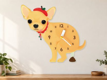Yellow Chihuahua Wall Clock with Swinging Poop Pendulum in a supplementary room styling scene