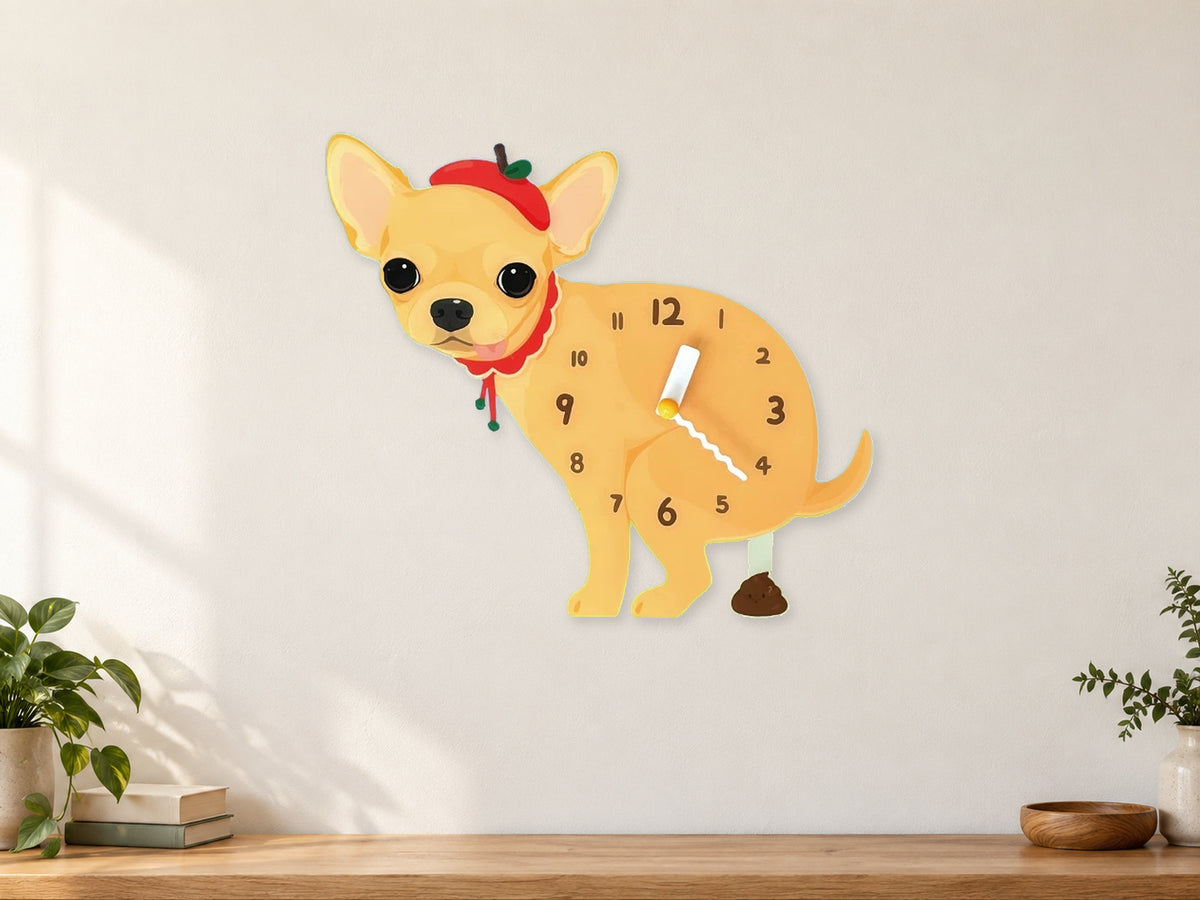 Yellow Chihuahua Wall Clock with Swinging Poop Pendulum in a supplementary room styling scene