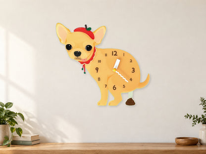 Yellow Chihuahua Wall Clock with Swinging Poop Pendulum in a supplementary room styling scene