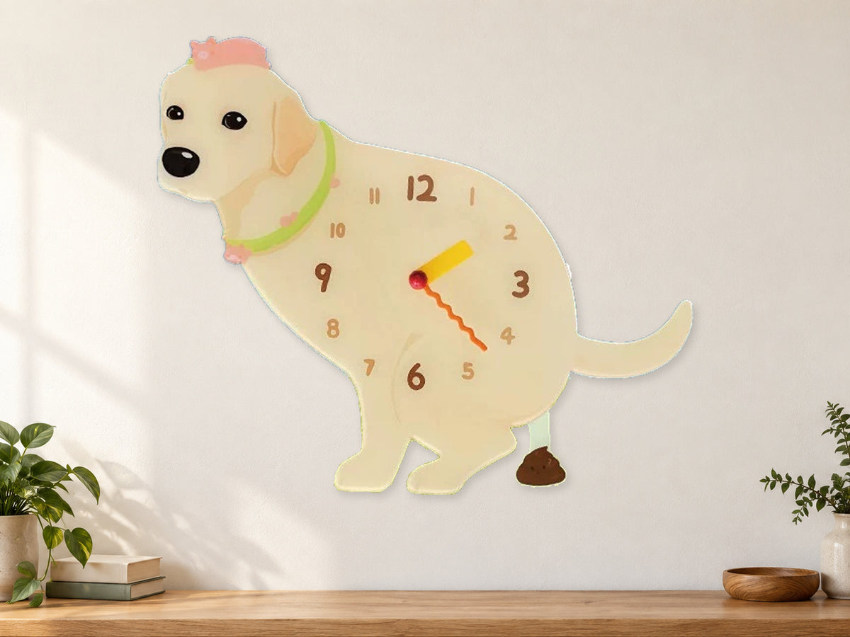 Yellow Labrador Retriever Wall Clock with Swinging Poop Pendulum in a supplementary room styling scene
