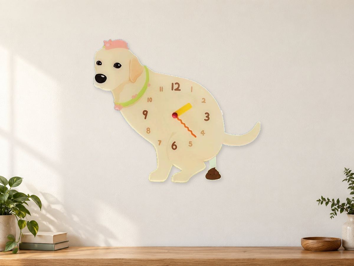 Yellow Labrador Retriever Wall Clock with Swinging Poop Pendulum in a supplementary room styling scene