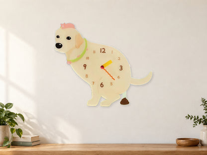 Yellow Labrador Retriever Wall Clock with Swinging Poop Pendulum in a supplementary room styling scene