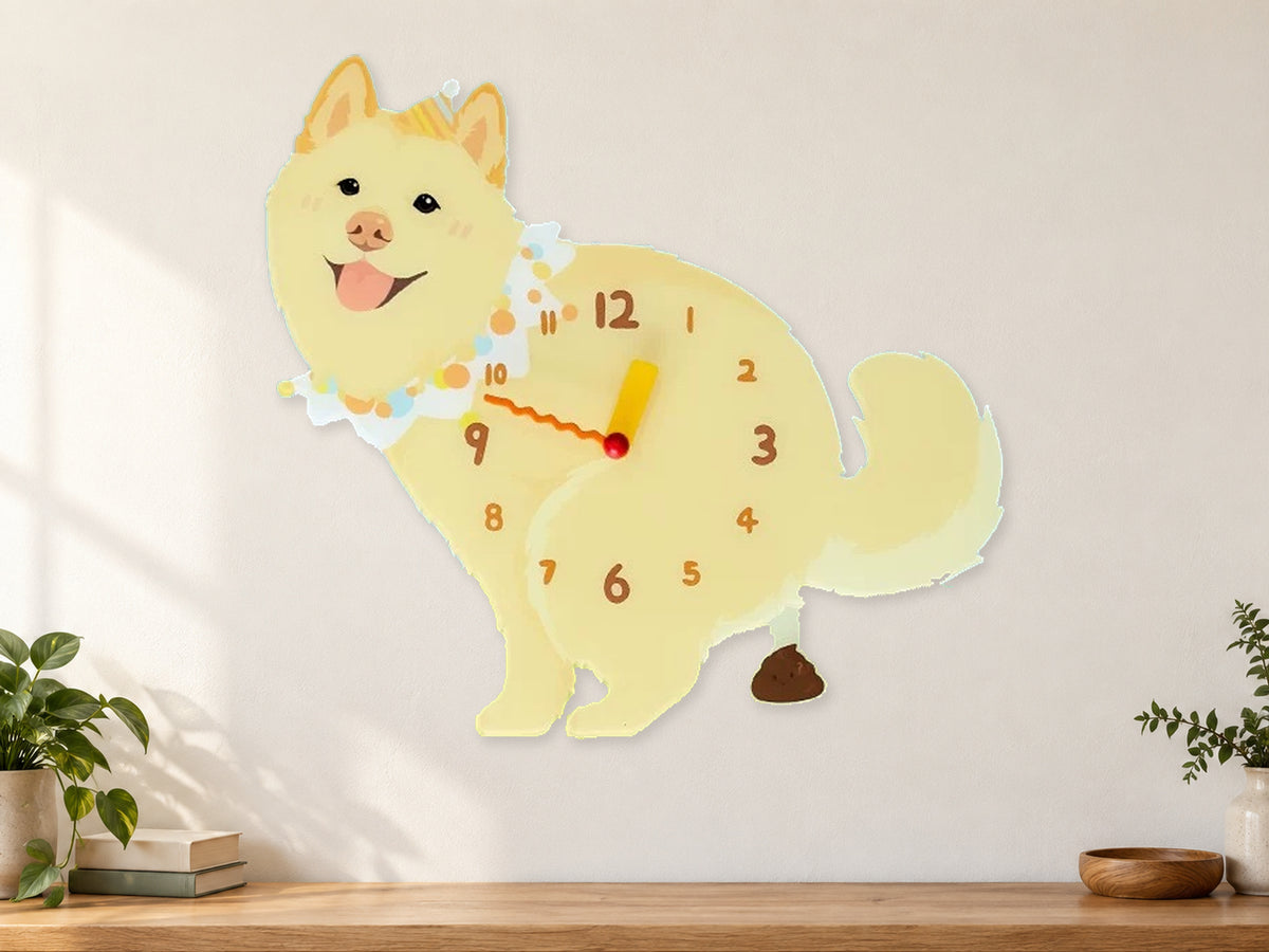 Yellow Native Spitz Wall Clock with Swinging Poop Pendulum in a supplementary room styling scene