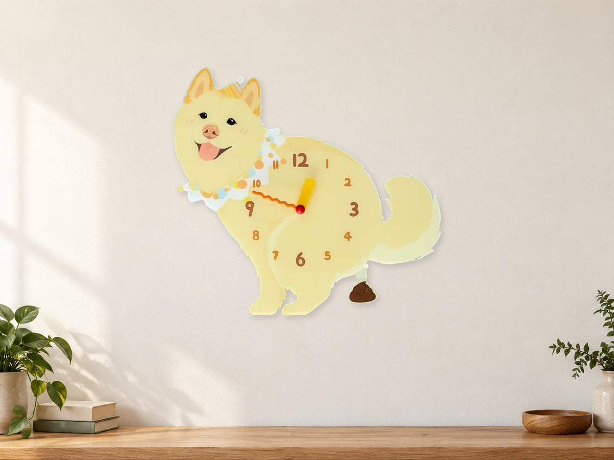 Yellow Native Spitz Wall Clock with Swinging Poop Pendulum in a supplementary room styling scene