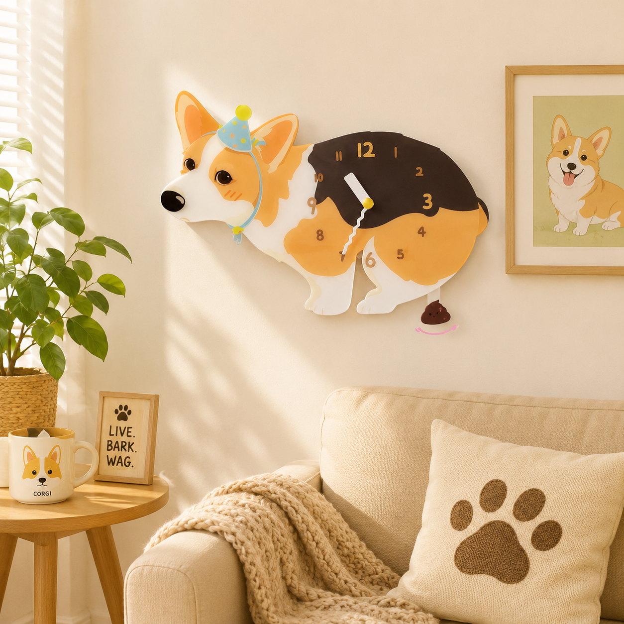 Tricolor Corgi funny dog wall clock lifestyle decor scene