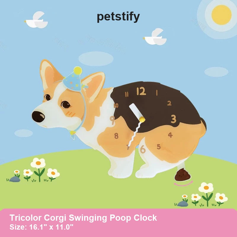 Tricolor Corgi Wall Clock with Swinging Poop Pendulum detail showing clock hands and swinging poop pendulum
