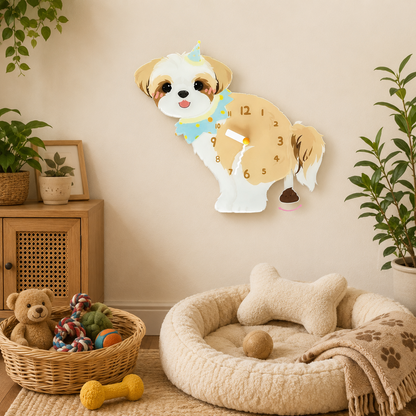 West Highland White Terrier wall clock with swinging poop pendulum in a cozy room scene
